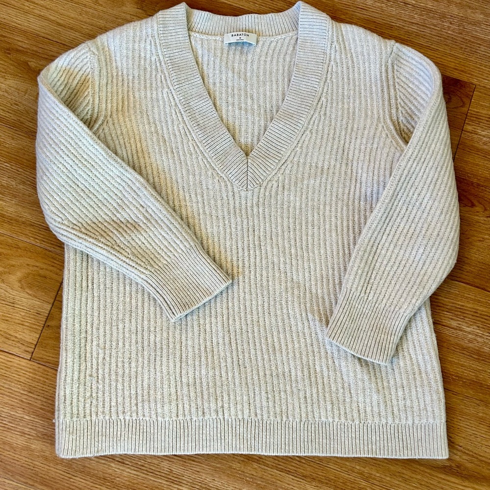 Babaton Grey Ribbed Knit 100% Merino Wool Sweater